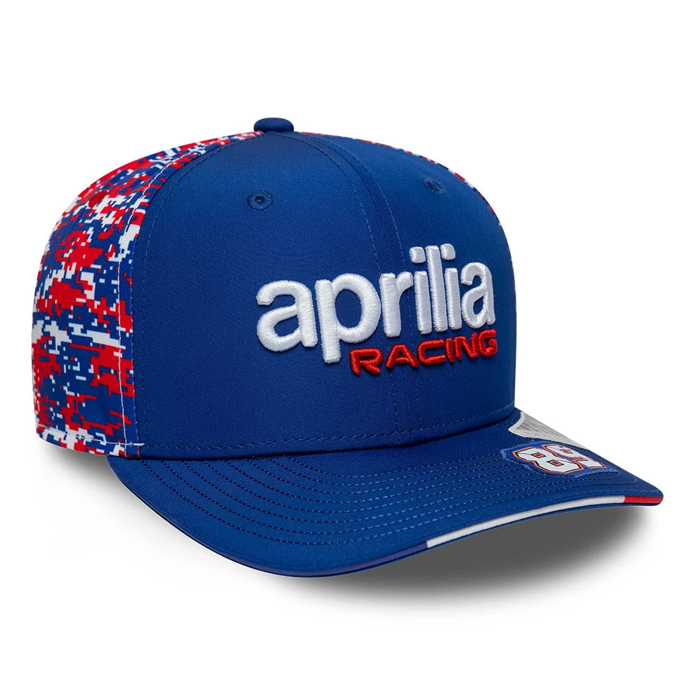 Pictured is this Aprilia Replica Jorge Martin Le Mans Race Special 9SEVENTY Stretch Snap cap in blue. 3