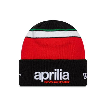 Pictured is this Aprilia Team Cuff Knit Beanie hat in black. 1