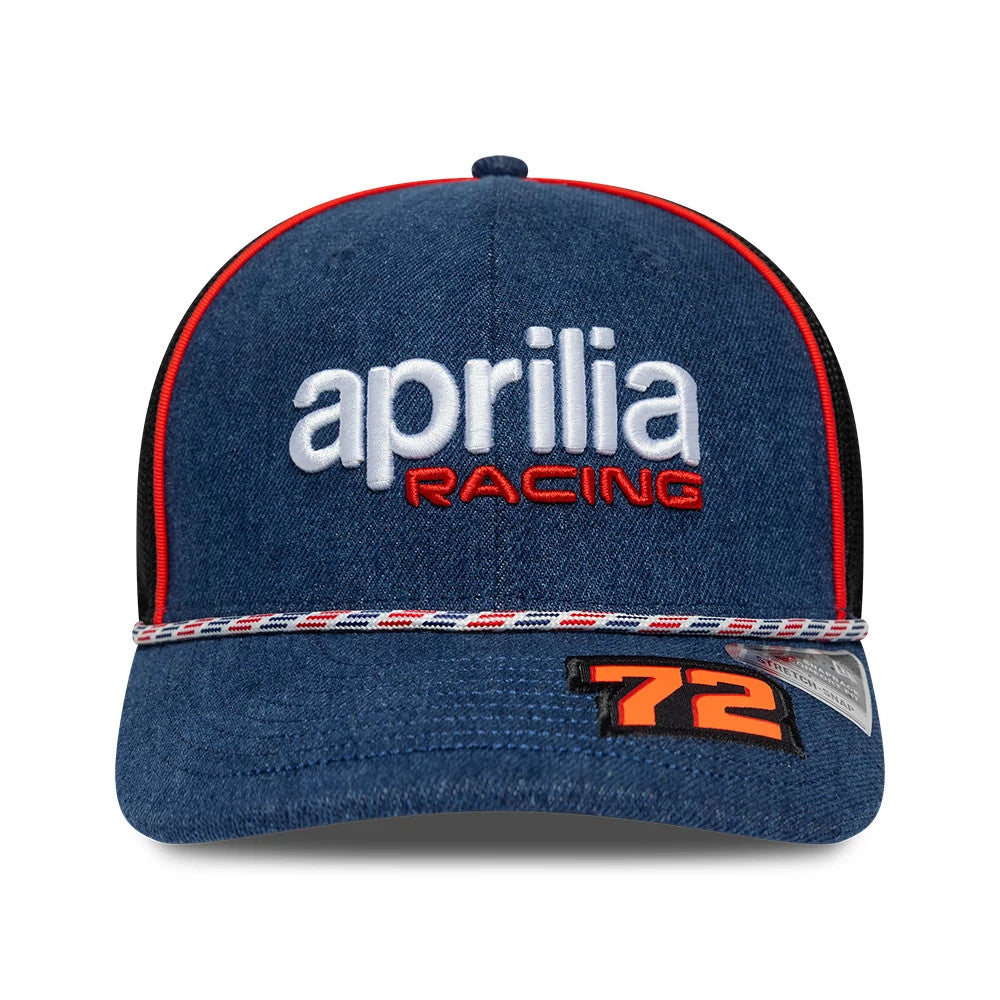 Pictured is this Aprilia Replica Marco Bezzecchi Austin Race Special 9SEVENTY Stretch Snap cap in blue. 2