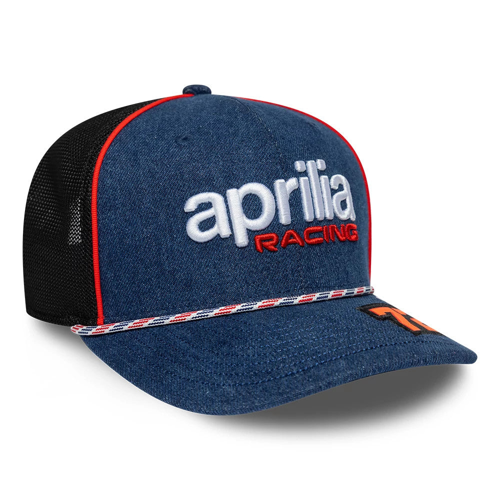 Pictured is this Aprilia Replica Marco Bezzecchi Austin Race Special 9SEVENTY Stretch Snap cap in blue. 3