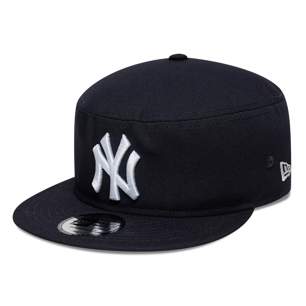 Pictured is this MLB Poly New York Yankees Pillbox Adjustable cap in navy. 1