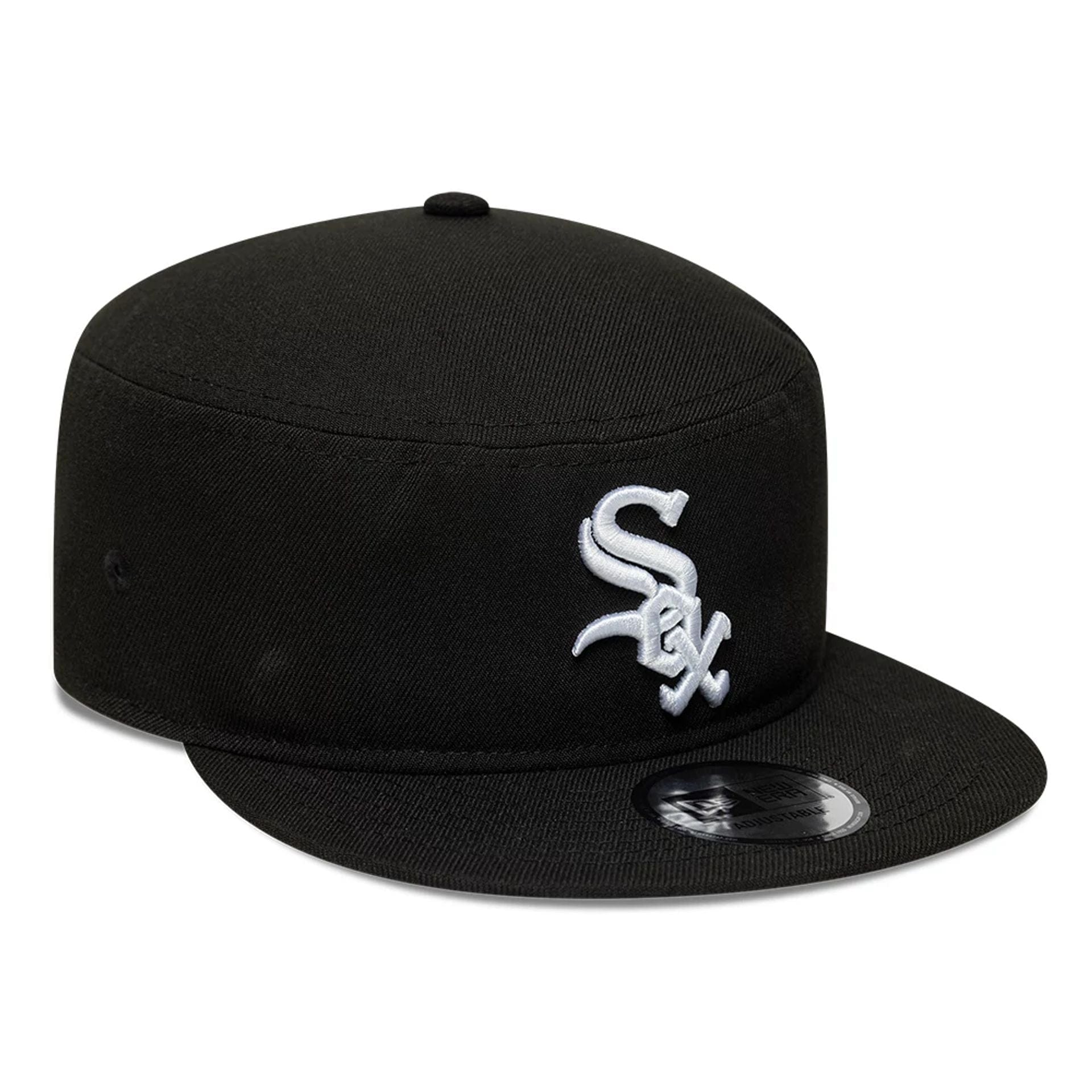 Pictured is this MLB Poly Chicago White Sox Pillbox Adjustable cap in black. 3