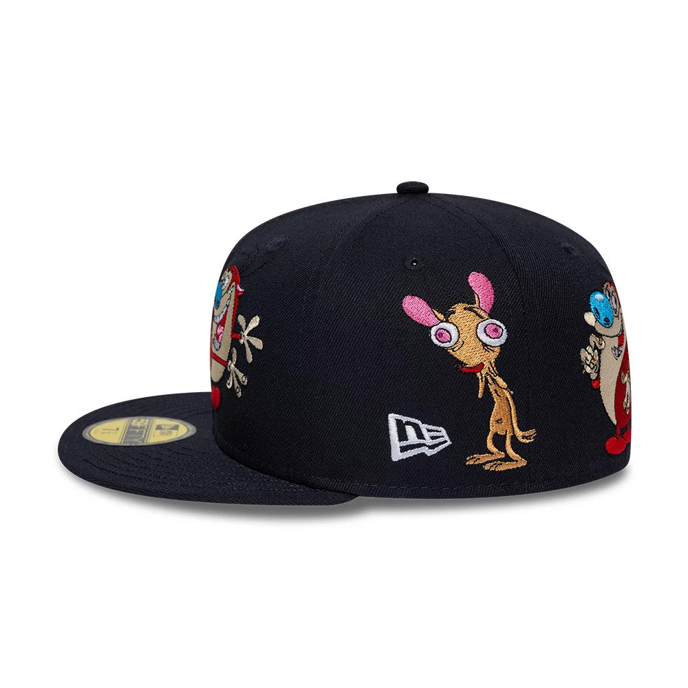 Ren & Stimpy Happy Happy Joy Joy Navy New Era 59FIFTY Fitted Cap, side view showing embroidered characters across the structured navy crown, New Era flag logo on the left side, and a gold 59FIFTY size sticker on the flat visor.