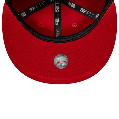 New York Yankees MLB Satin Red New Era 59FIFTY Fitted Cap, inside view showing the black taping with white logo text along the seams, contrasting against the red fabric, and featuring a size sticker on the red undervisor.