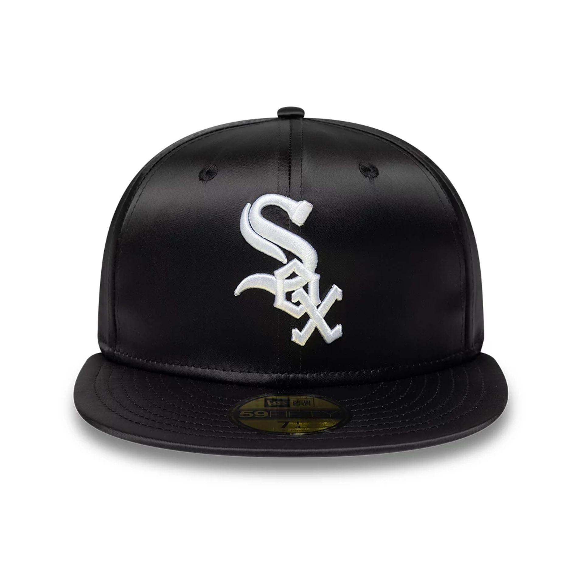 Pictured is this MLB Satin Chicago White Sox 59FIFTY Fitted cap in black. 2