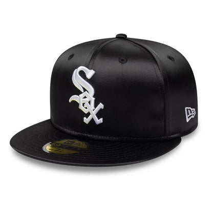 Pictured is this MLB Satin Chicago White Sox 59FIFTY Fitted cap in black. 1