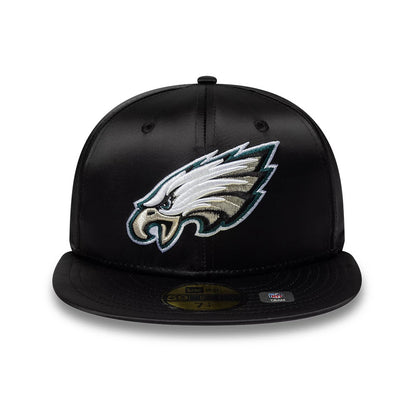 Pictured is this NFL Satin Philadelphia Eagles 59FIFTY Fitted cap in black. 2