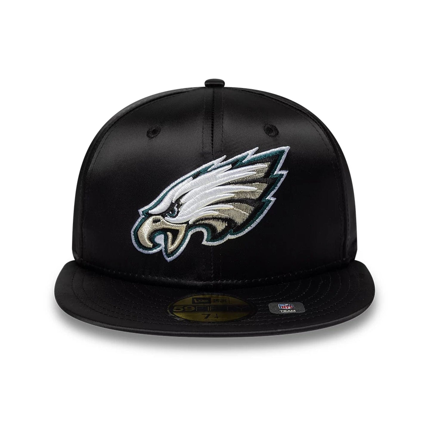 Pictured is this NFL Satin Philadelphia Eagles 59FIFTY Fitted cap in black. 2