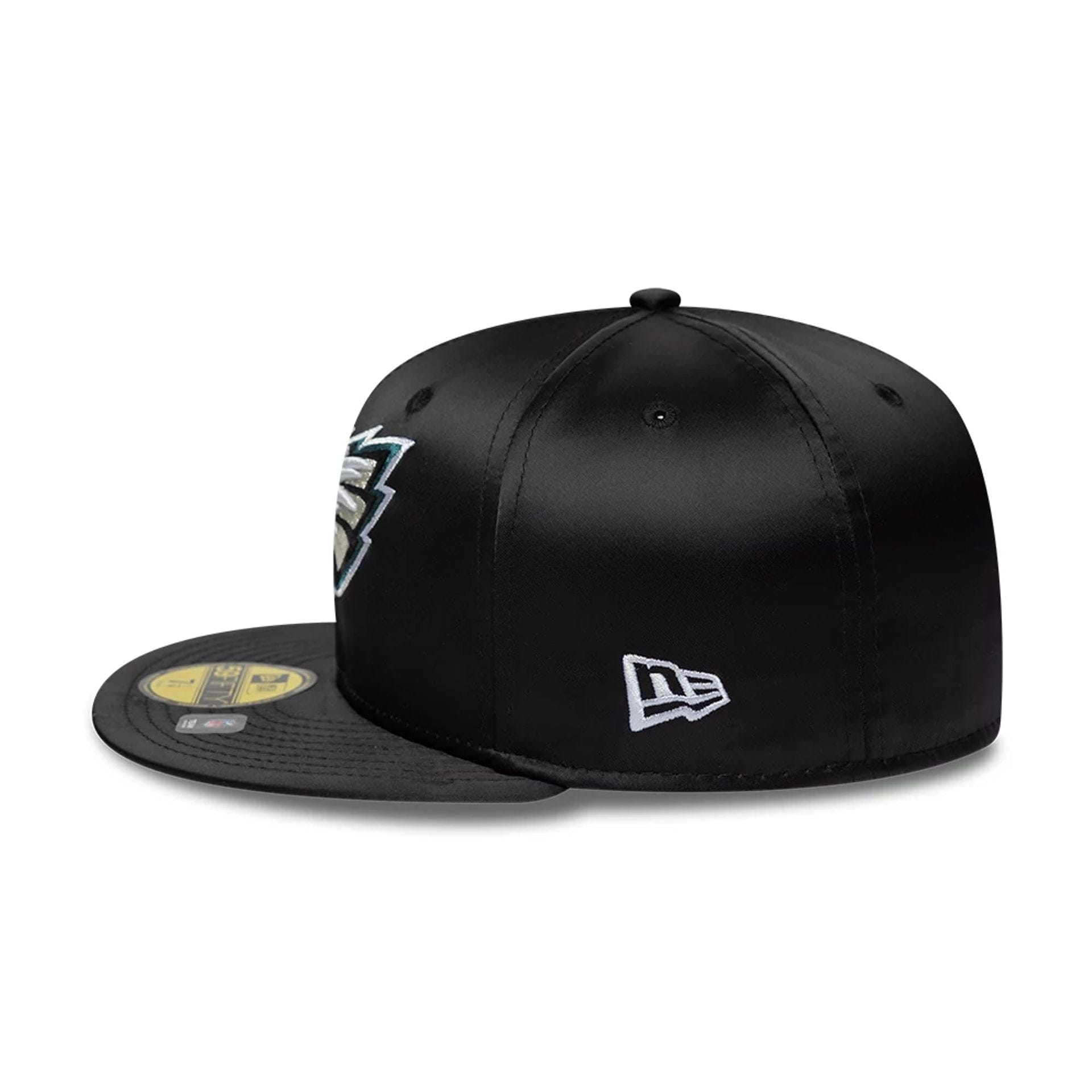 Pictured is this NFL Satin Philadelphia Eagles 59FIFTY Fitted cap in black. 5