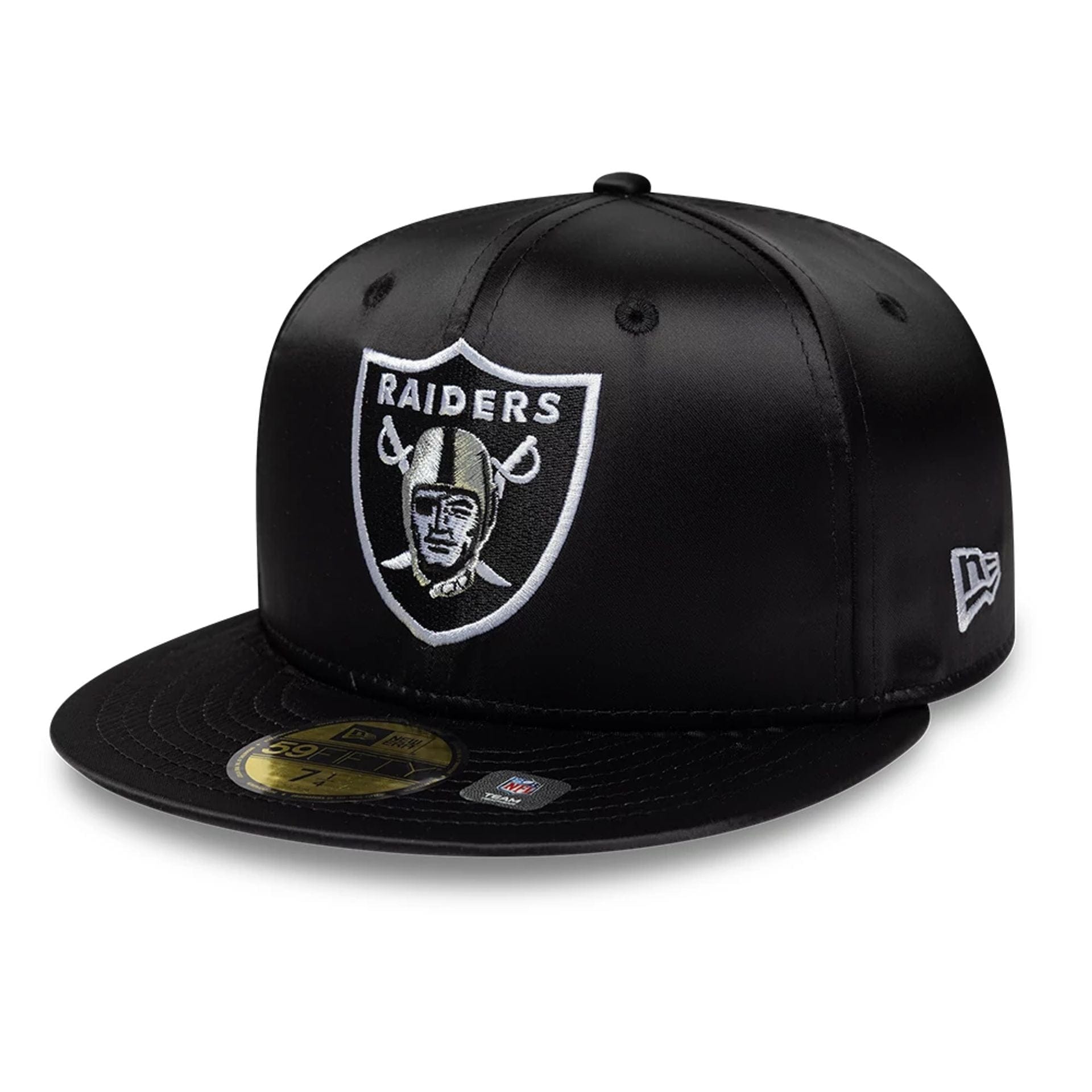 Pictured is this NFL Satin Las Vegas Raiders 59FIFTY Fitted cap in black. 1