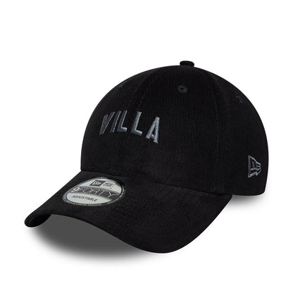Aston Villa FC Cord Black New Era 9FORTY Adjustable Cap, three-quarter view showing raised silver Villa embroidery on the front panel, with a curved visor featuring a 9FORTY size sticker, and the New Era flag logo on the left side.