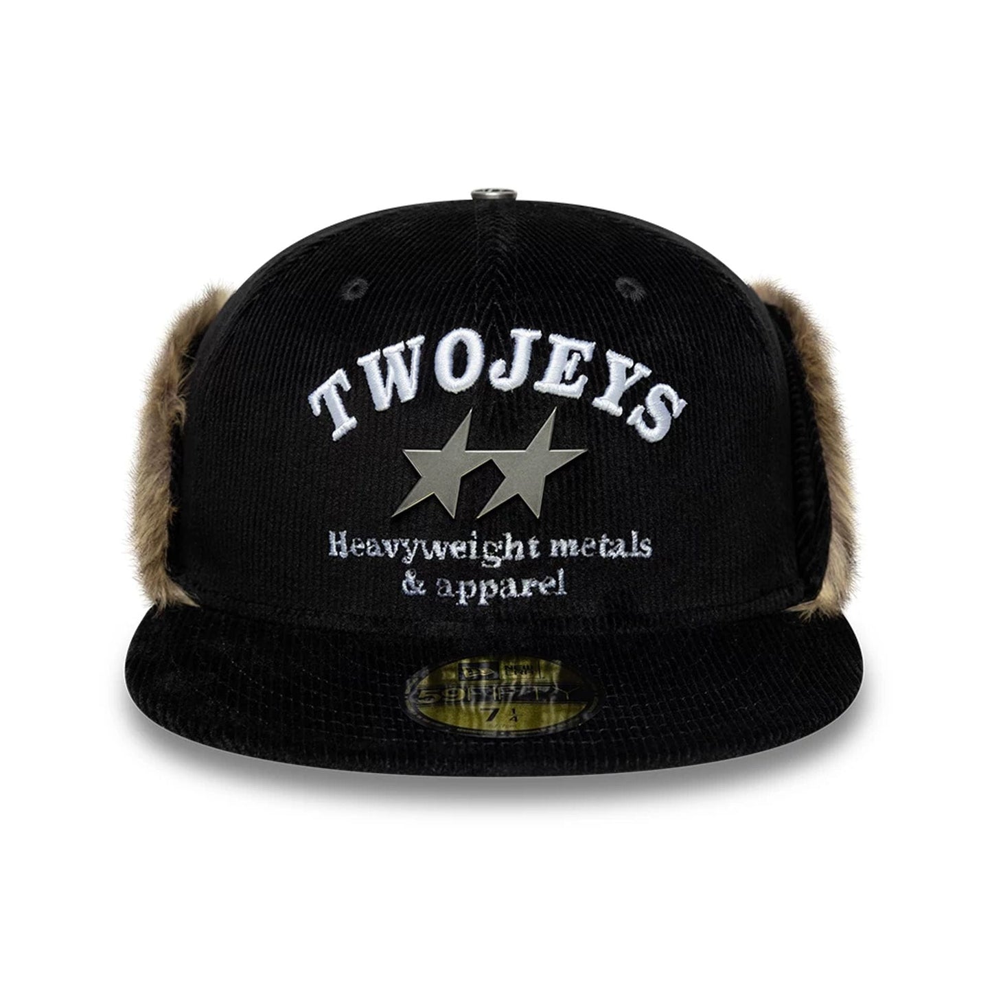 Pictured is this Twojeys X New Era Cord Downflap 59FIFTY Fitted cap in black. 4