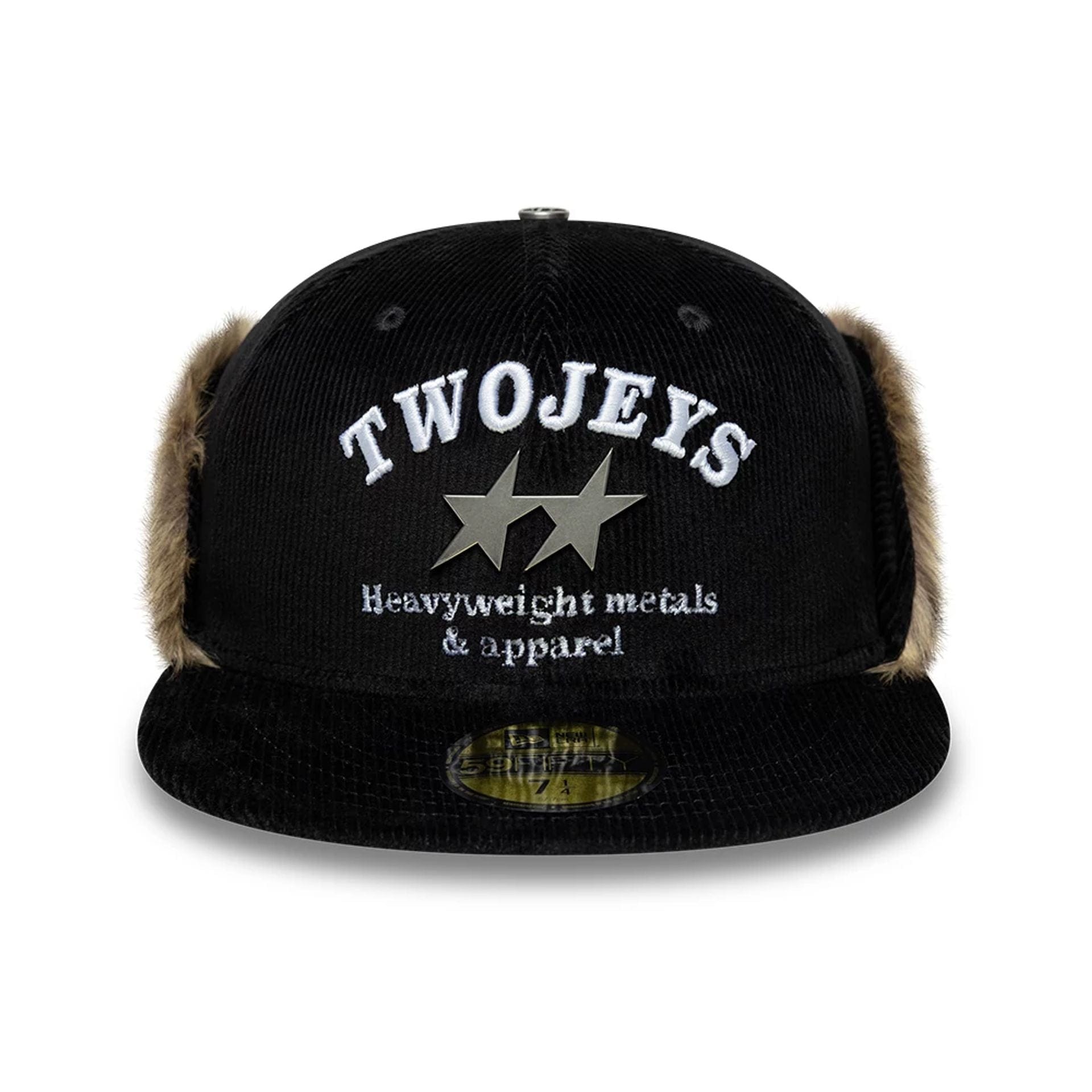Pictured is this Twojeys X New Era Cord Downflap 59FIFTY Fitted cap in black. 4