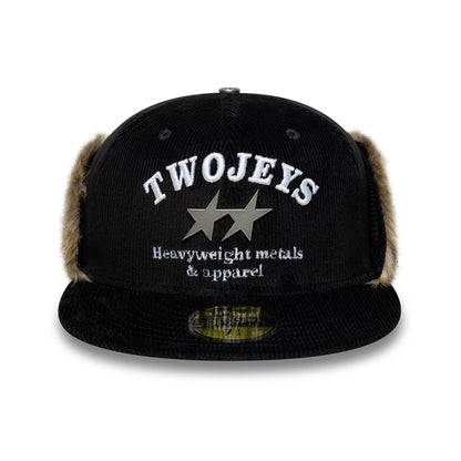 Pictured is this Twojeys X New Era Cord Downflap 59FIFTY Fitted cap in black. 4
