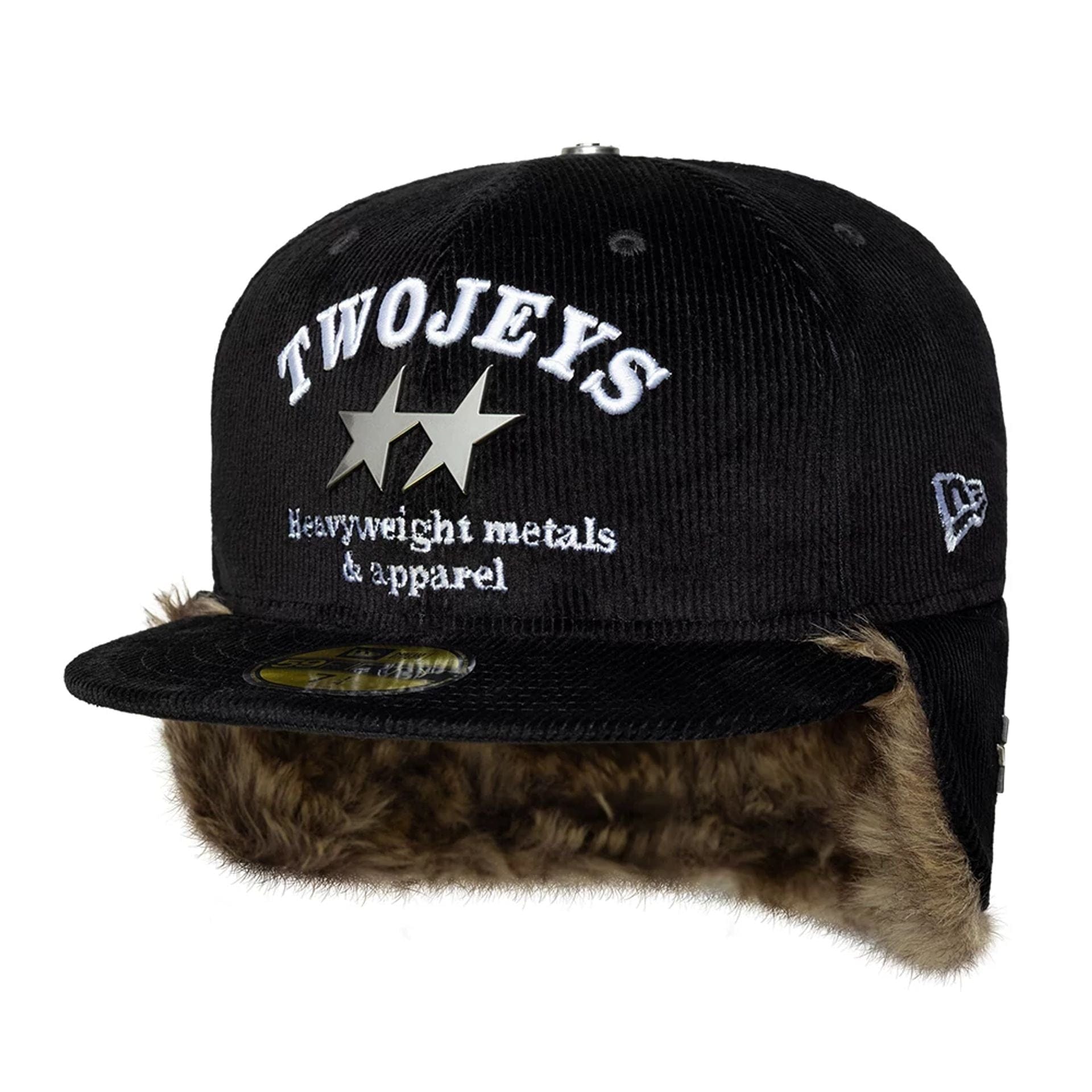 Pictured is this Twojeys X New Era Cord Downflap 59FIFTY Fitted cap in black. 3