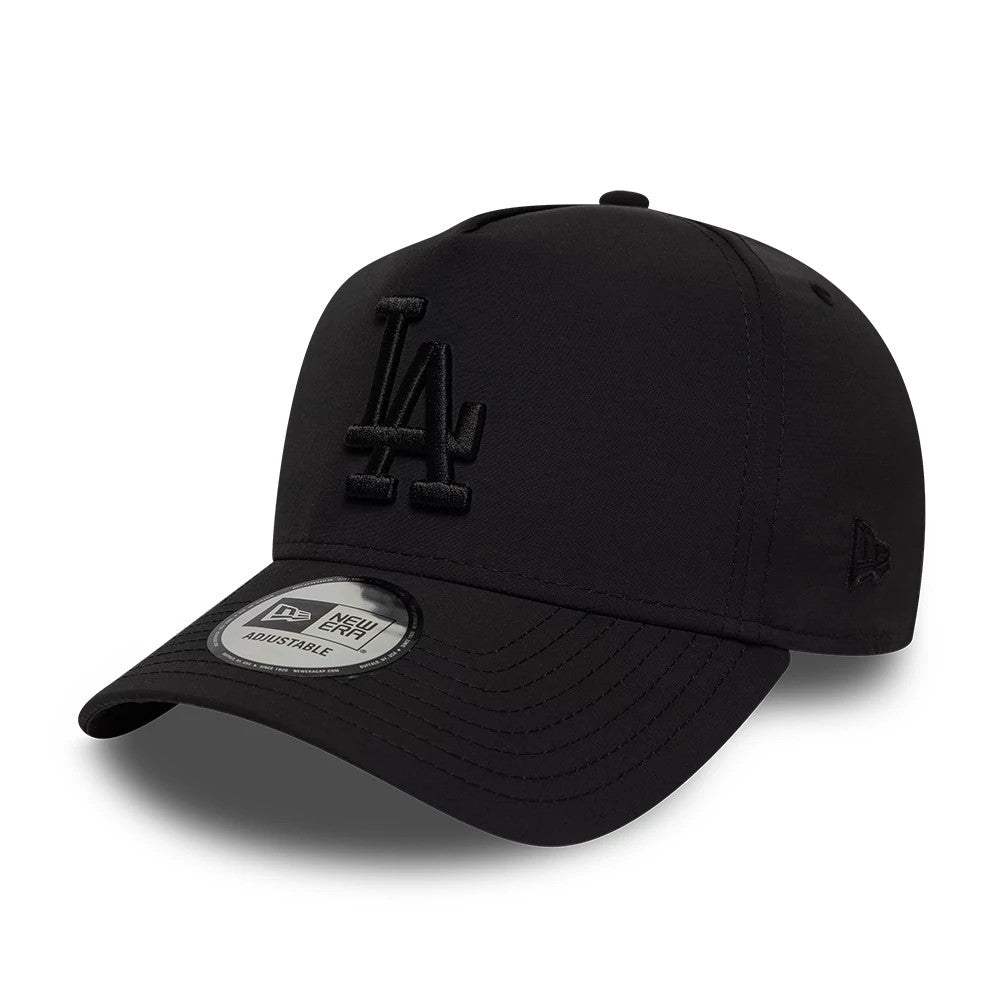 LA Dodgers MLB Recycled Black On Black New Era 9FORTY E-Frame Adjustable Cap, front view showing the raised black embroidered LA logo on the structured black crown, with a curved black visor and a 9FORTY size sticker on the visor.