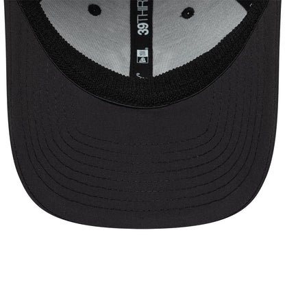 New York Yankees MLB Recycled Black New Era 39THIRTY Stretch Fit Cap, inside view showing the black undervisor with curved stitching, a grey sweatband, and black taping with white 39THIRTY branding running along the seams.