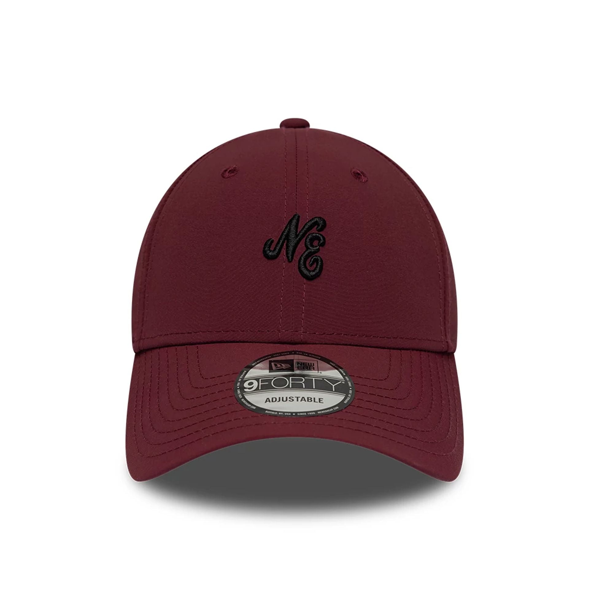 Pictured is this New Era Mini Logo Recycled 9FORTY cap in dark red. 2