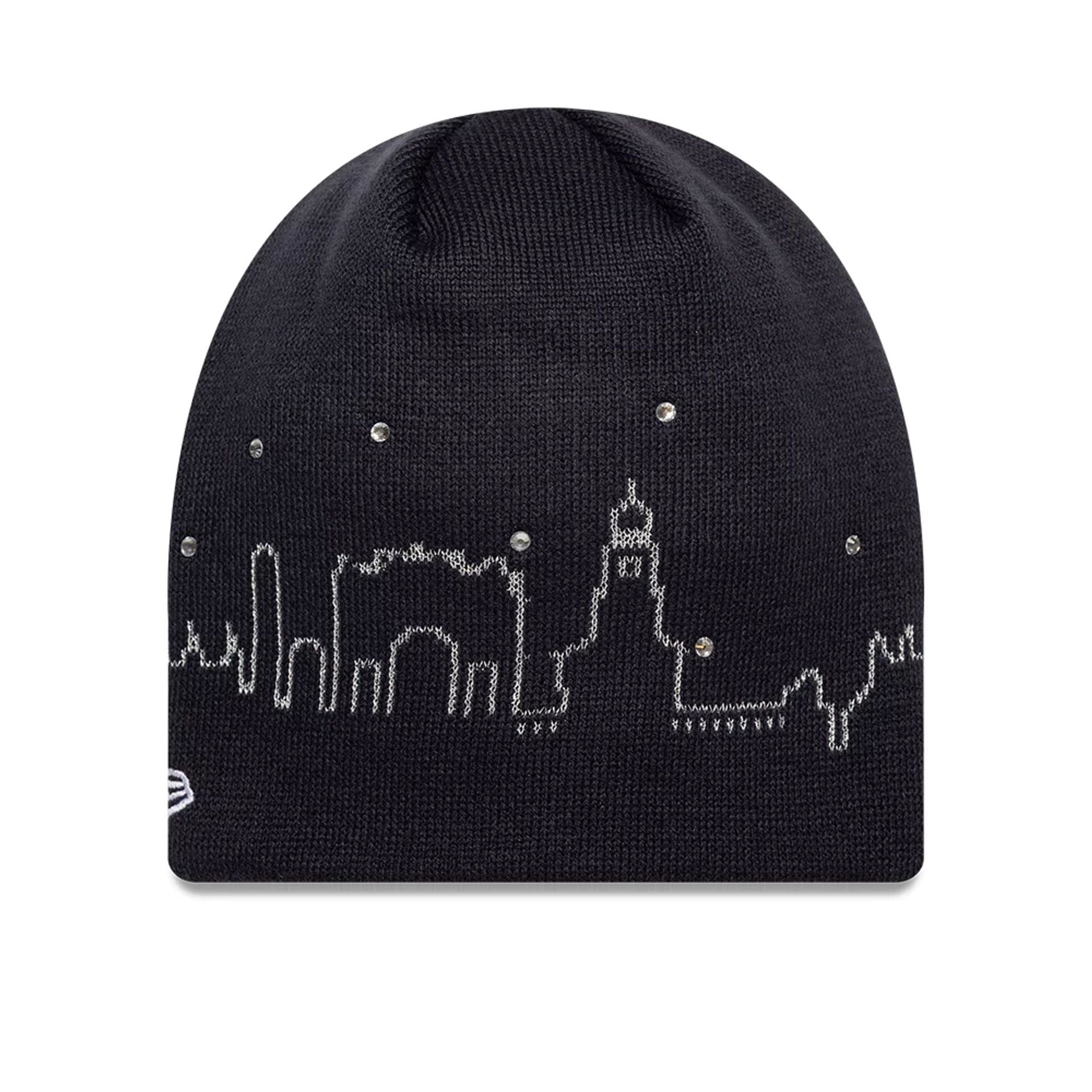 Pictured is this Sfera Ebbasta X New Era Skull Knit Beanie hat in navy. 2