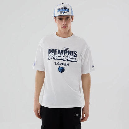 The model is wearing this NBA Berlin Game 2026 Memphis Grizzlies Oversized T-Shirt in white. 1