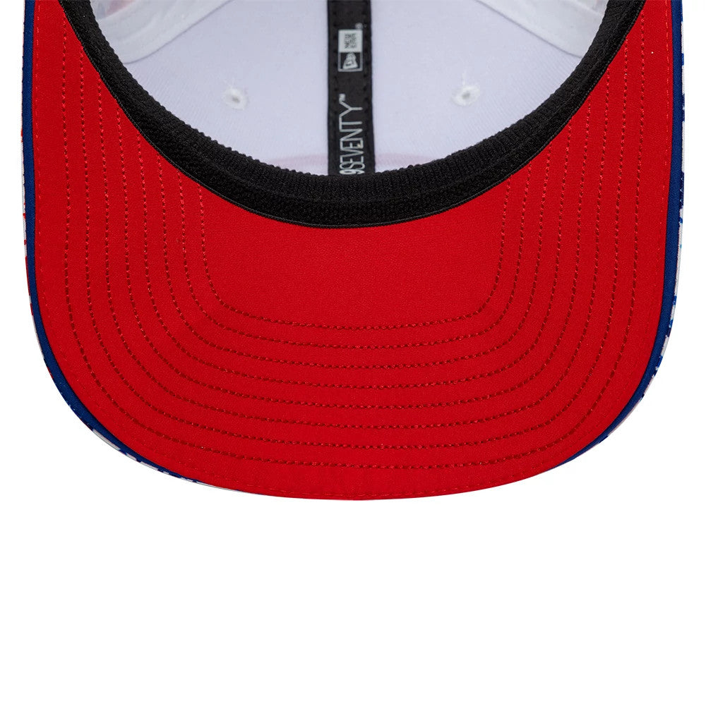 TGR Haas F1 Oliver Bearman Silverstone Race Special White New Era 9SEVENTY Stretch Snap Cap, inside view showing the red undervisor, black interior taping with 9SEVENTY branding, and a white sweatband featuring eyelets on the crown.