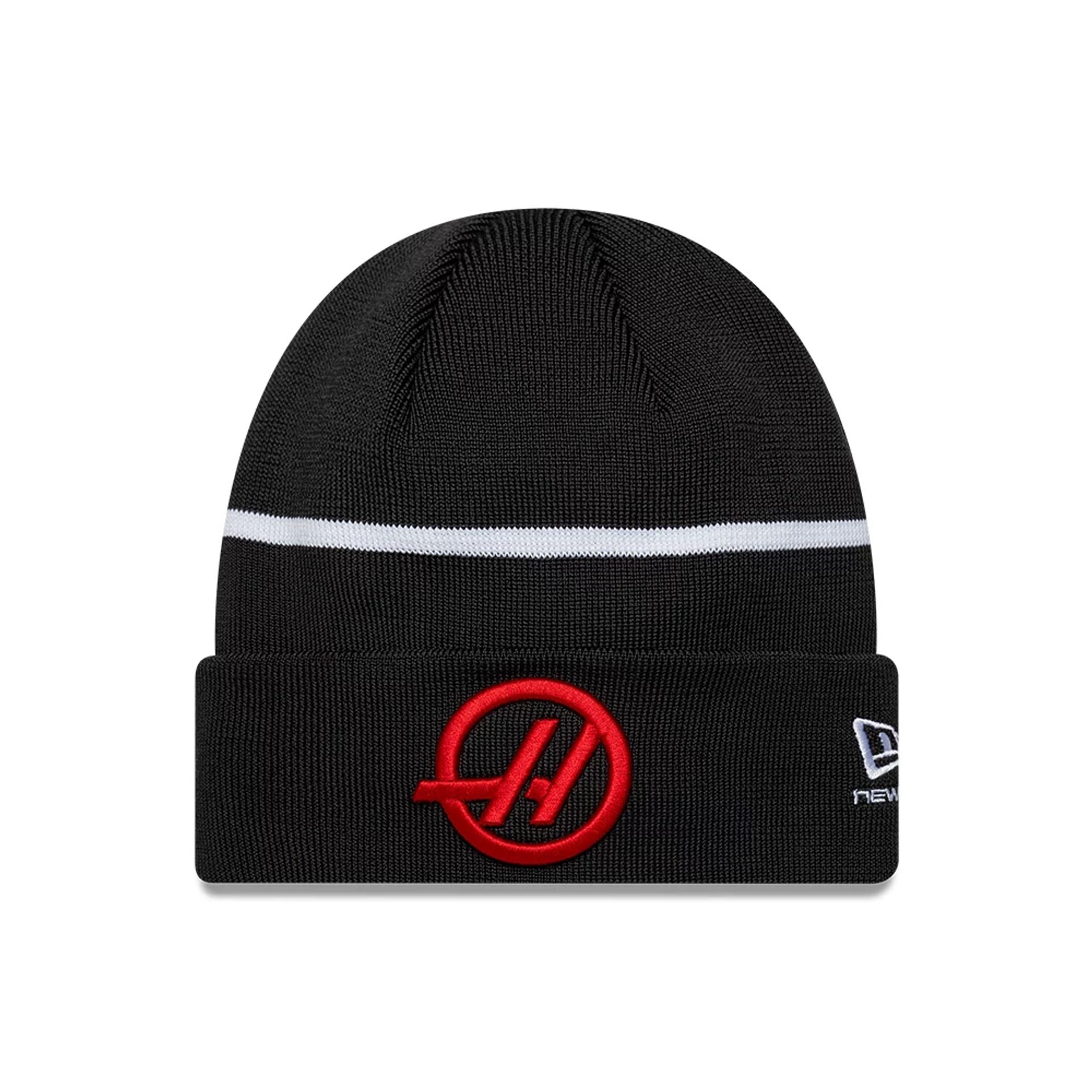 Pictured is this Oliver Bearman TGR Haas F1 Cuff Knit Beanie hat in black. 1