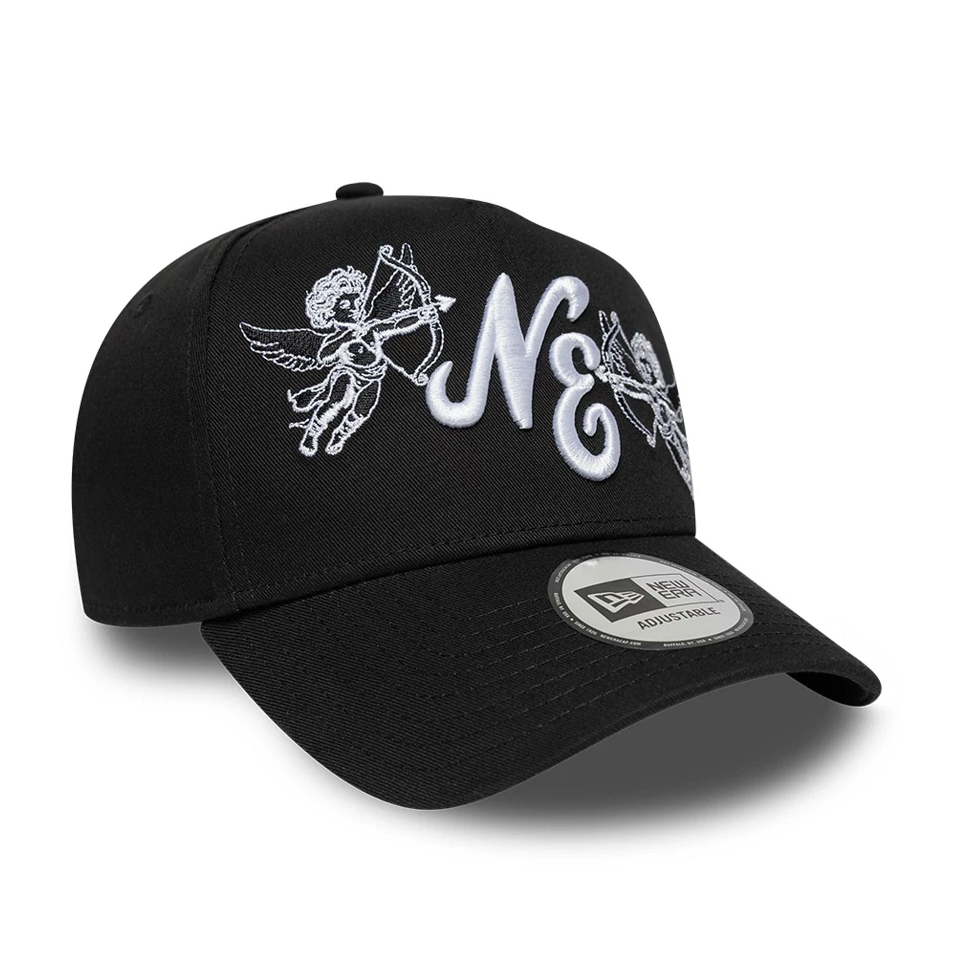 Pictured is this New Era Cherub 9FORTY A-Frame cap in black. 3