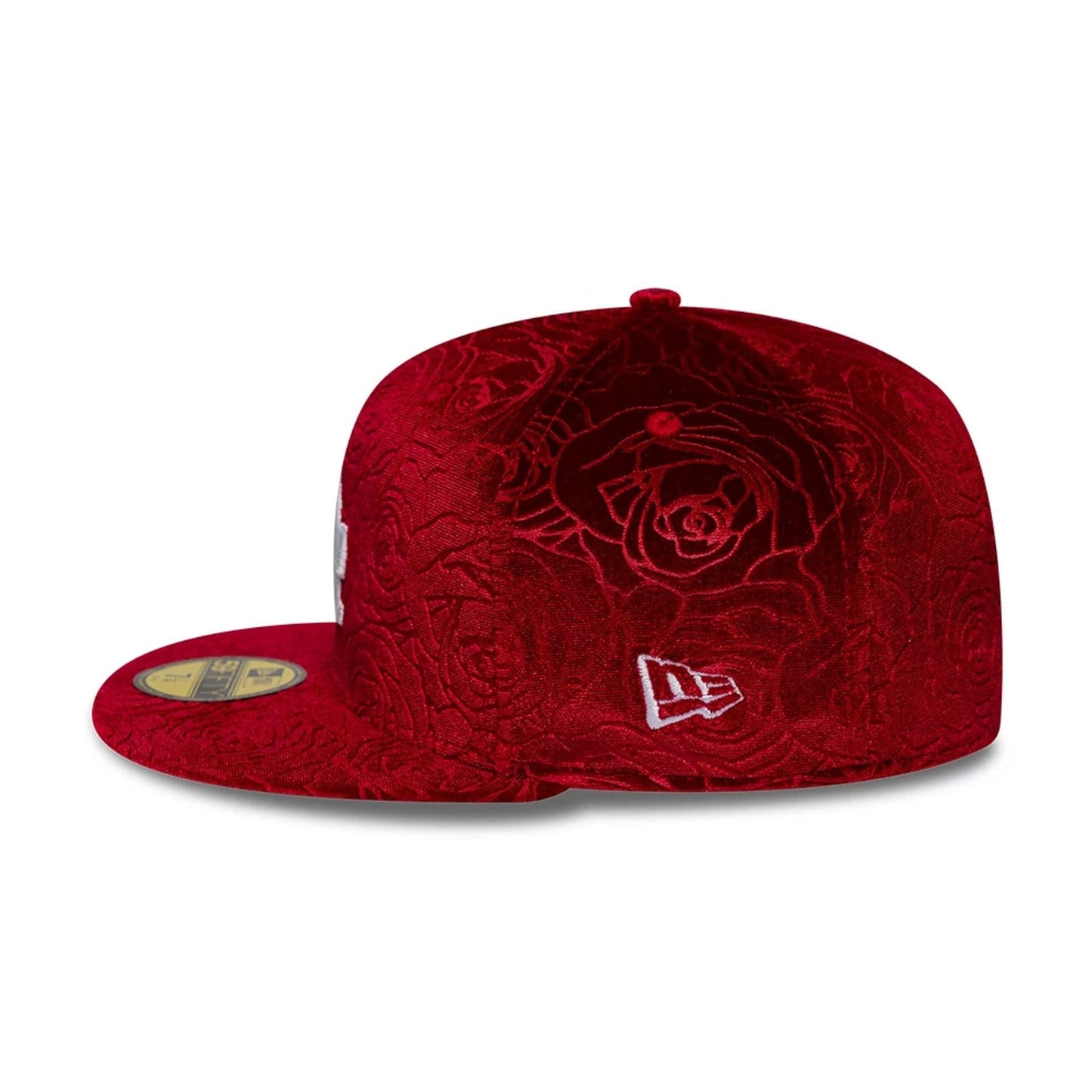 Pictured is this MLB Floral Velour LA Dodgers 59FIFTY Fitted cap in dark red. 5