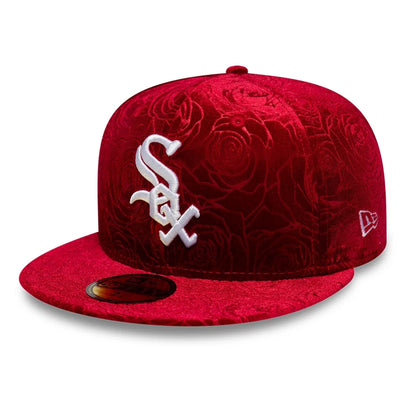 Pictured is this MLB Floral Velour Chicago White Sox 59FIFTY Fitted cap in dark red. 1