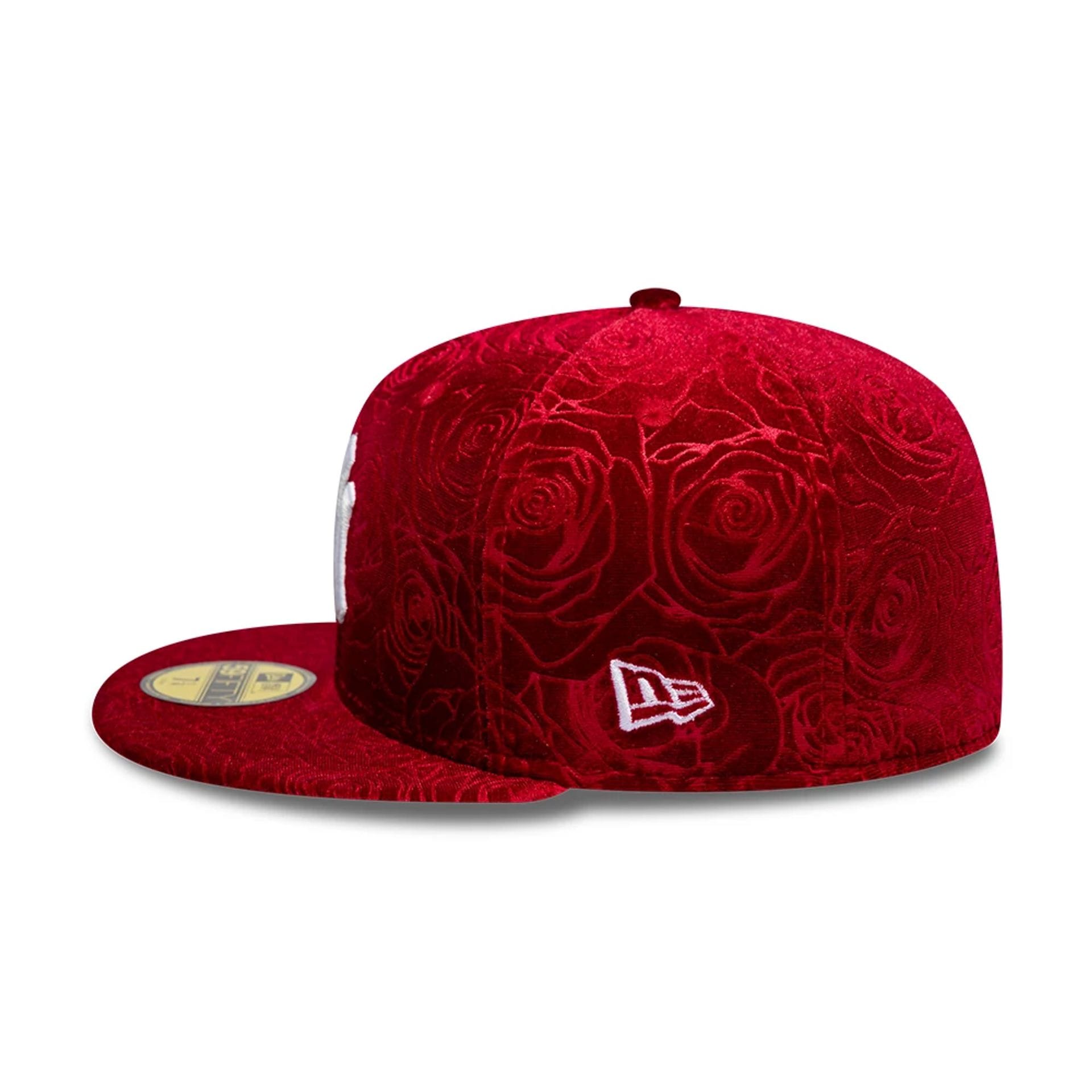 Pictured is this MLB Floral Velour New York Yankees 59FIFTY Fitted cap in dark red. 5