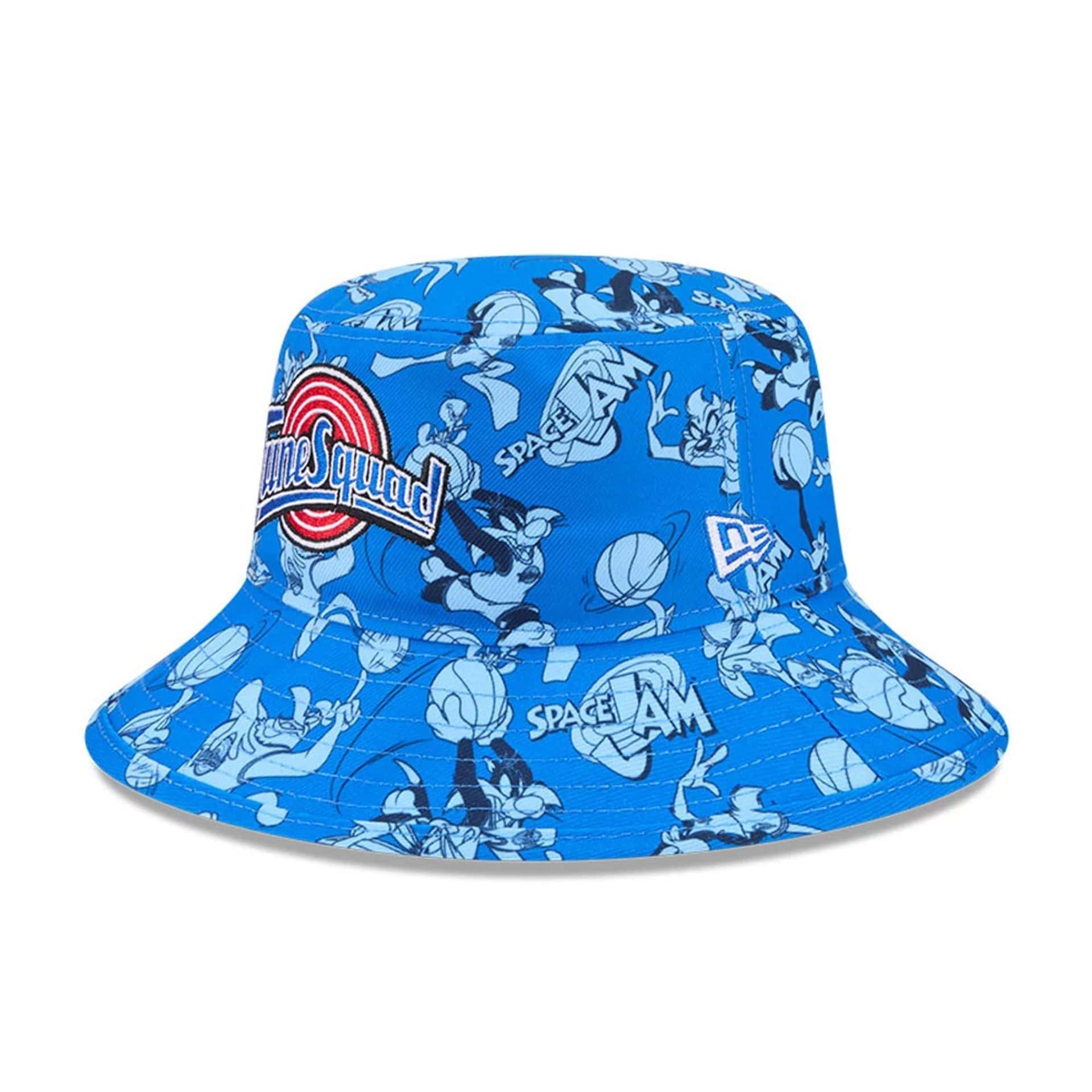 Pictured is this Space Jam All Over Print Bucket hat in blue. 1