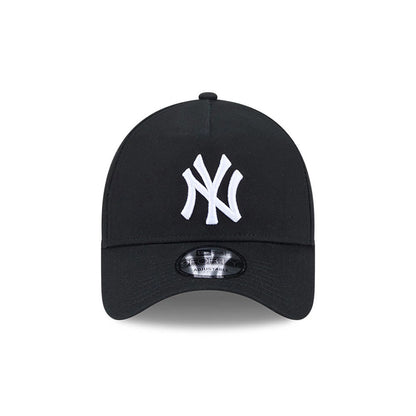 Yankees MLB Cooperstown Anniversary Black New Era 9FORTY A-Frame Adjustable Cap, front view showing raised embroidered white NY logo on black front panels, curved black visor with 9FORTY size sticker, and black top button.