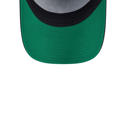 Yankees MLB Cooperstown Anniversary Black New Era 9FORTY A-Frame Adjustable Cap, inside view showing a bright green undervisor, contrast black stitching around the inside edge, and a grey sweatband lining the interior for added comfort.