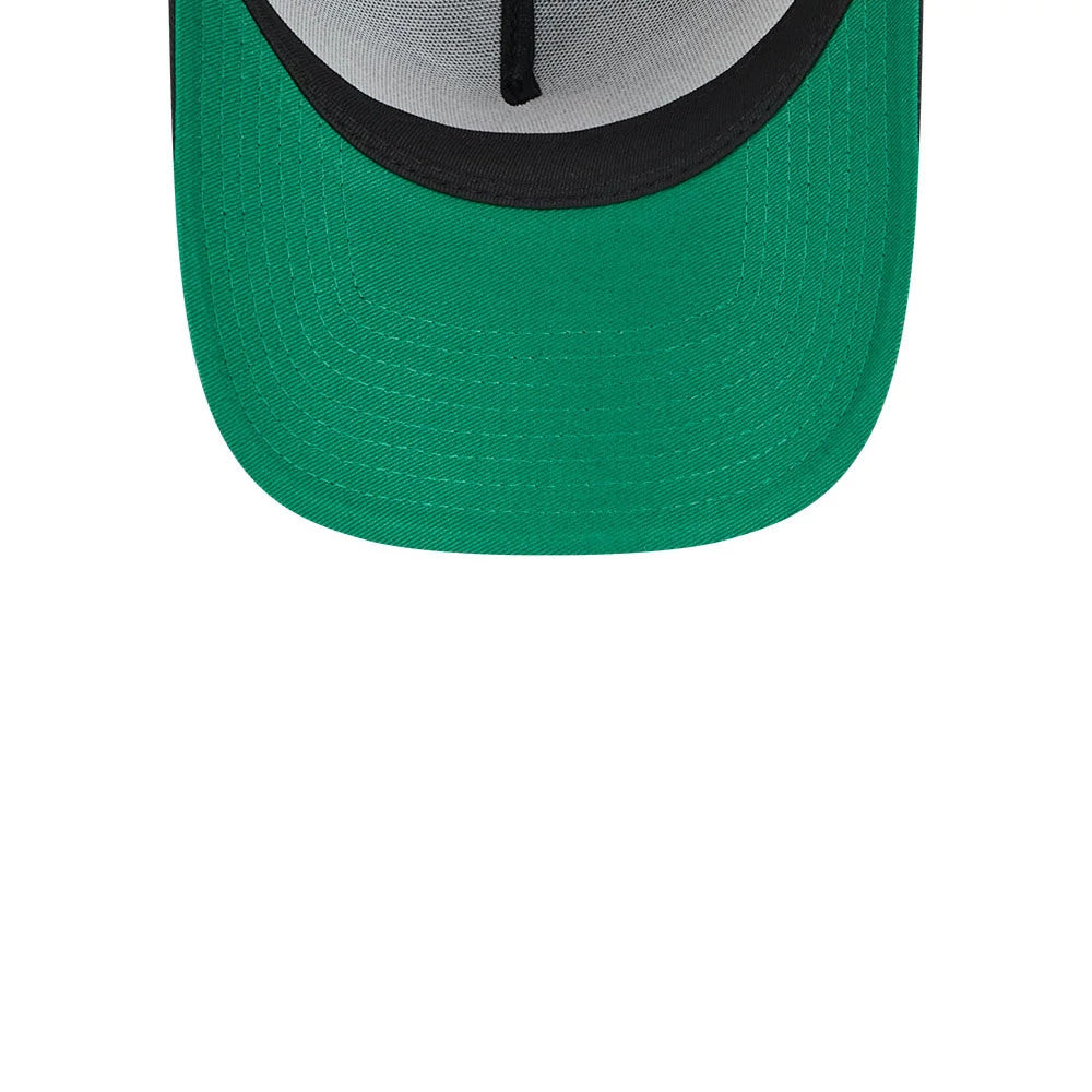 White Sox MLB Cooperstown Anniversary Black New Era 9FORTY A-Frame Adjustable Cap, inside view showing the green undervisor, black sweatband, and grey inner panels with black taping, highlighting the contrast between the green visor.