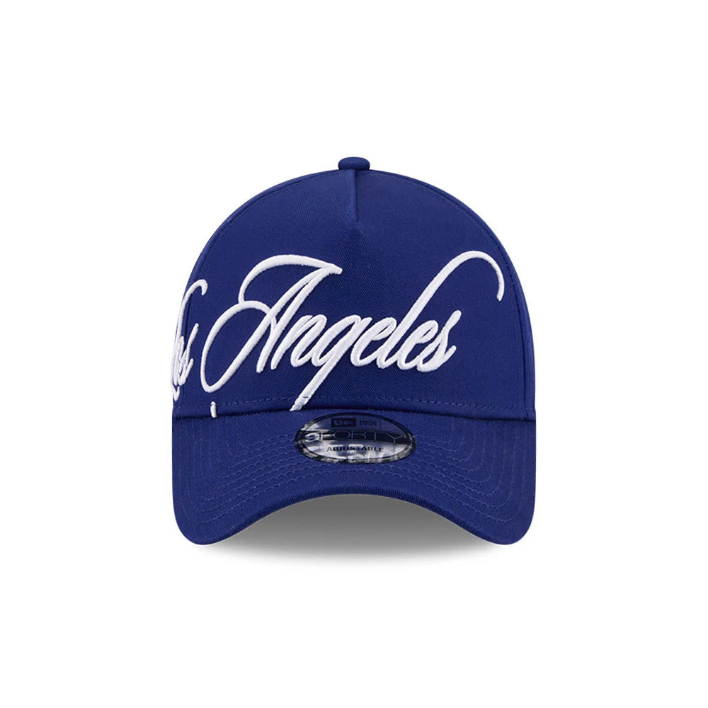 Pictured is this MLB Calligraphy LA Dodgers 9FORTY A-Frame cap in dark blue. 3