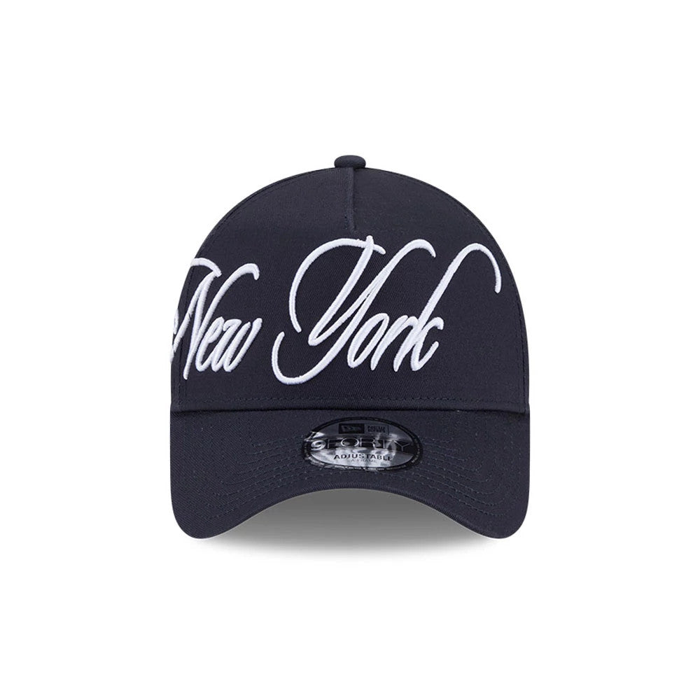 Pictured is this MLB Calligraphy New York Yankees 9FORTY A-Frame cap in navy. 3