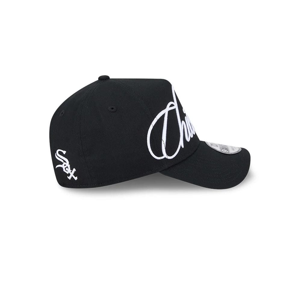 Pictured is this MLB Calligraphy Chicago White Sox 9FORTY A-Frame cap in black. 6
