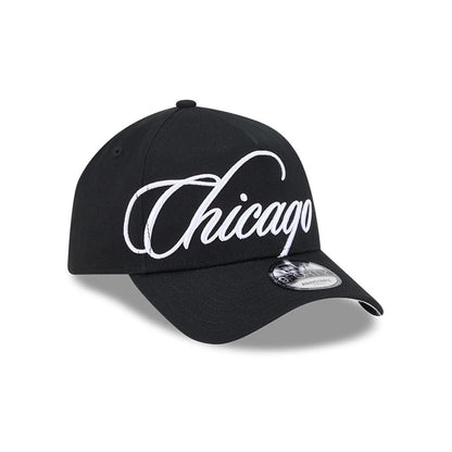 Pictured is this MLB Calligraphy Chicago White Sox 9FORTY A-Frame cap in black. 1