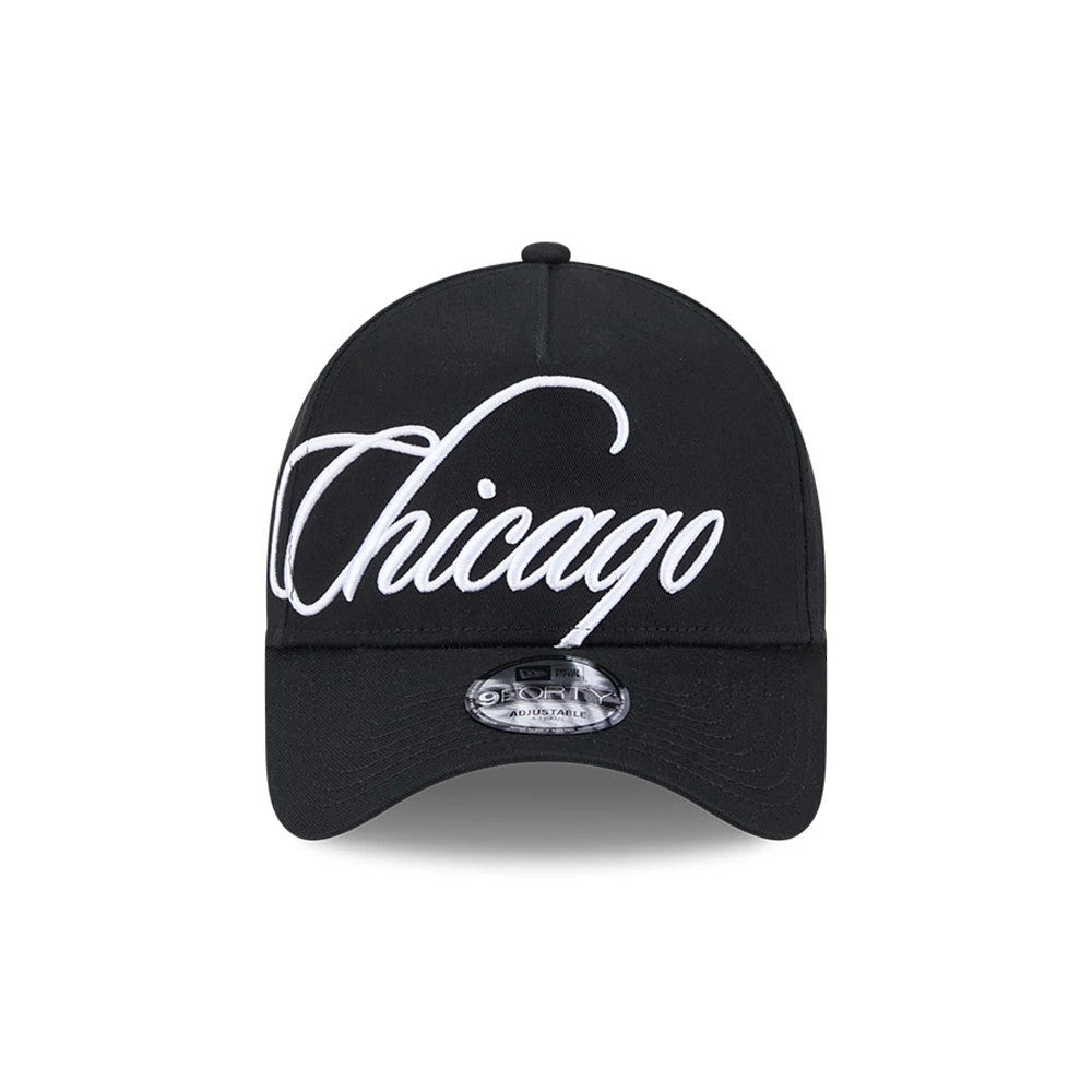 Pictured is this MLB Calligraphy Chicago White Sox 9FORTY A-Frame cap in black. 3