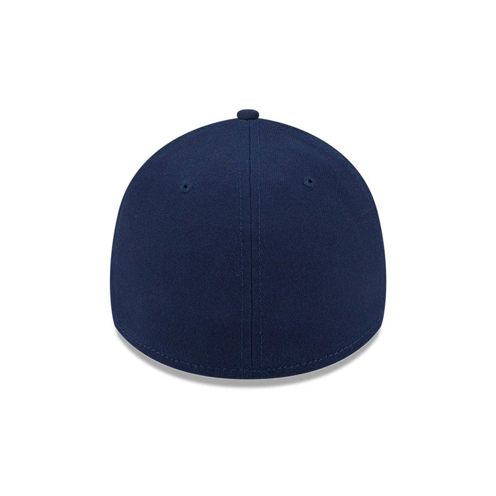 Yankees MLB Faded Oceanside Dark Blue New Era 39THIRTY Stretch Fit Cap, rear view with the structured dark blue crown featuring matching embroidered eyelets and a top button, centred without additional logos on the back panels.