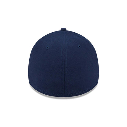 Yankees MLB Faded Oceanside Dark Blue New Era 39THIRTY Stretch Fit Cap, rear view with the structured dark blue crown featuring matching embroidered eyelets and a top button, centred without additional logos on the back panels.