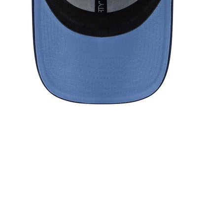 Yankees MLB Faded Oceanside Dark Blue New Era 39THIRTY Stretch Fit Cap, inside view showing a light blue undervisor, a black sweatband with stitching, and black taping along the interior seams of the structured crown.