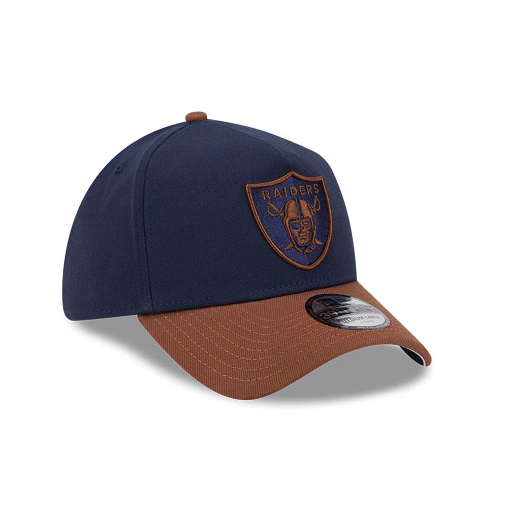 Pictured is this NFL Blueberry Tiramisu Las Vegas Raiders 39THIRTY A-Frame Stretch Fit cap in navy & brown. 4