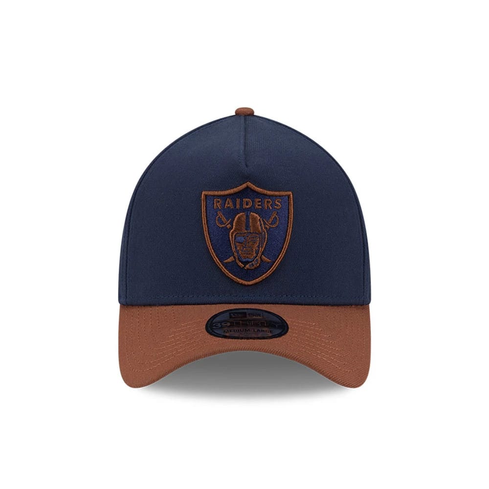 Pictured is this NFL Blueberry Tiramisu Las Vegas Raiders 39THIRTY A-Frame Stretch Fit cap in navy & brown. 3