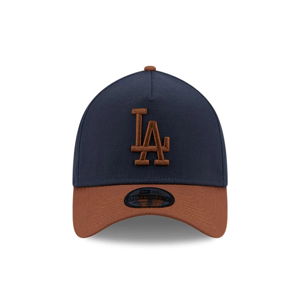Pictured is this MLB Blueberry Tiramisu LA Dodgers 39THIRTY A-Frame Stretch Fit cap in navy & brown. 3