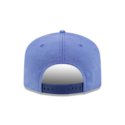 LA Dodgers MLB Duck Canvas Pastel Blue New Era 19TWENTY Adjustable Cap, rear view showing a curved pastel blue crown with matching eyelets, a blue adjustable strap with multiple holes, and the top button centred at the back.