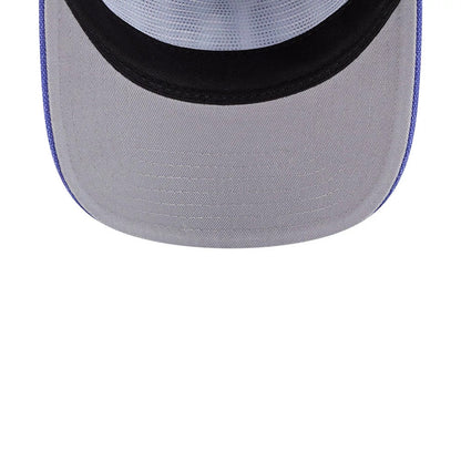 LA Dodgers MLB Duck Canvas Pastel Blue New Era 19TWENTY Adjustable Cap, underside view showing a black sweatband, a white mesh inner crown, and a purple undervisor with a contrasting grey visor for a unique dual-colour design.