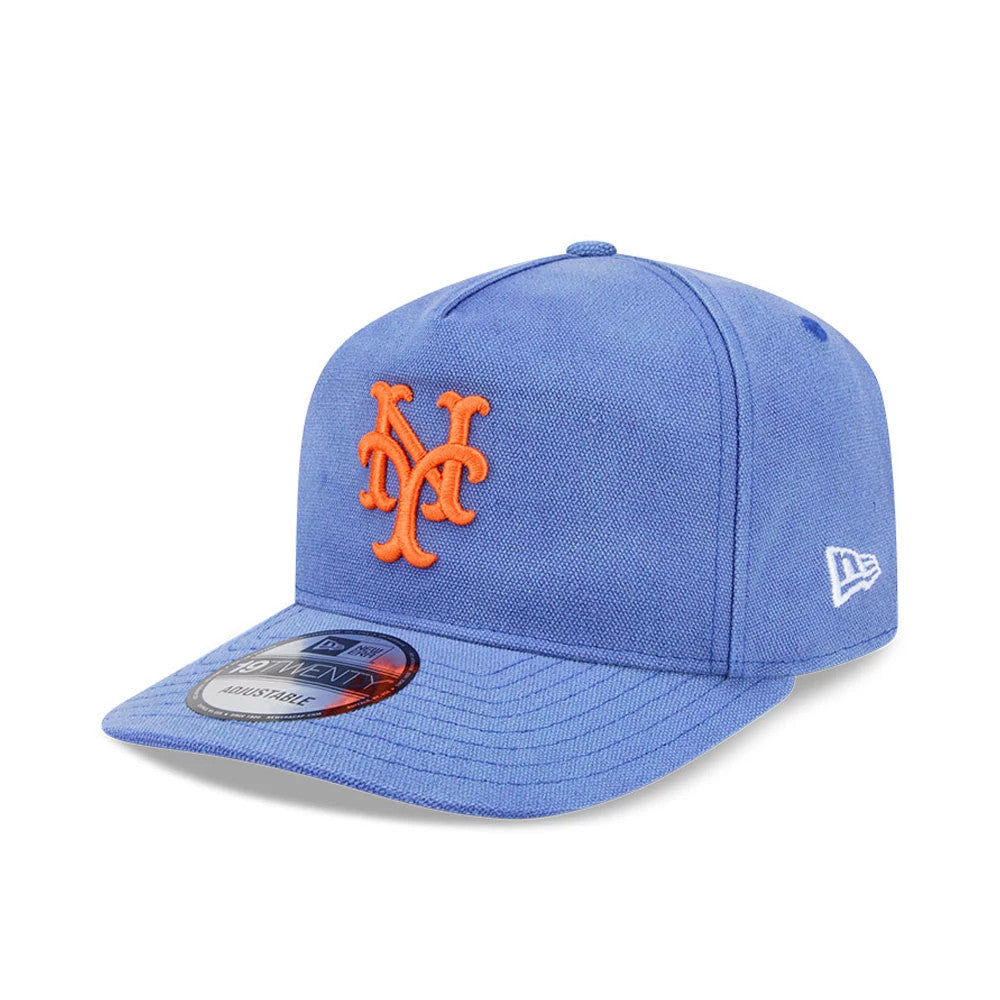 New York Mets MLB Duck Canvas Pastel Blue New Era 19TWENTY Adjustable Cap, three-quarter view showing the raised orange NY logo embroidered on the front panel, with a curved visor and the New Era flag logo on the left side.