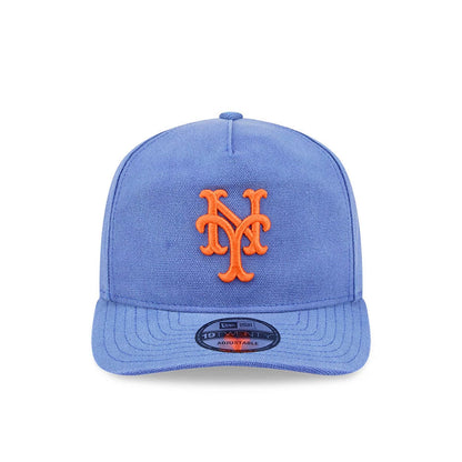 New York Mets MLB Duck Canvas Pastel Blue New Era 19TWENTY Adjustable Cap, front view showing the orange raised embroidered NY logo on the centre front panel, with a matching visor and a 19TWENTY size sticker on the cap's curved visor.