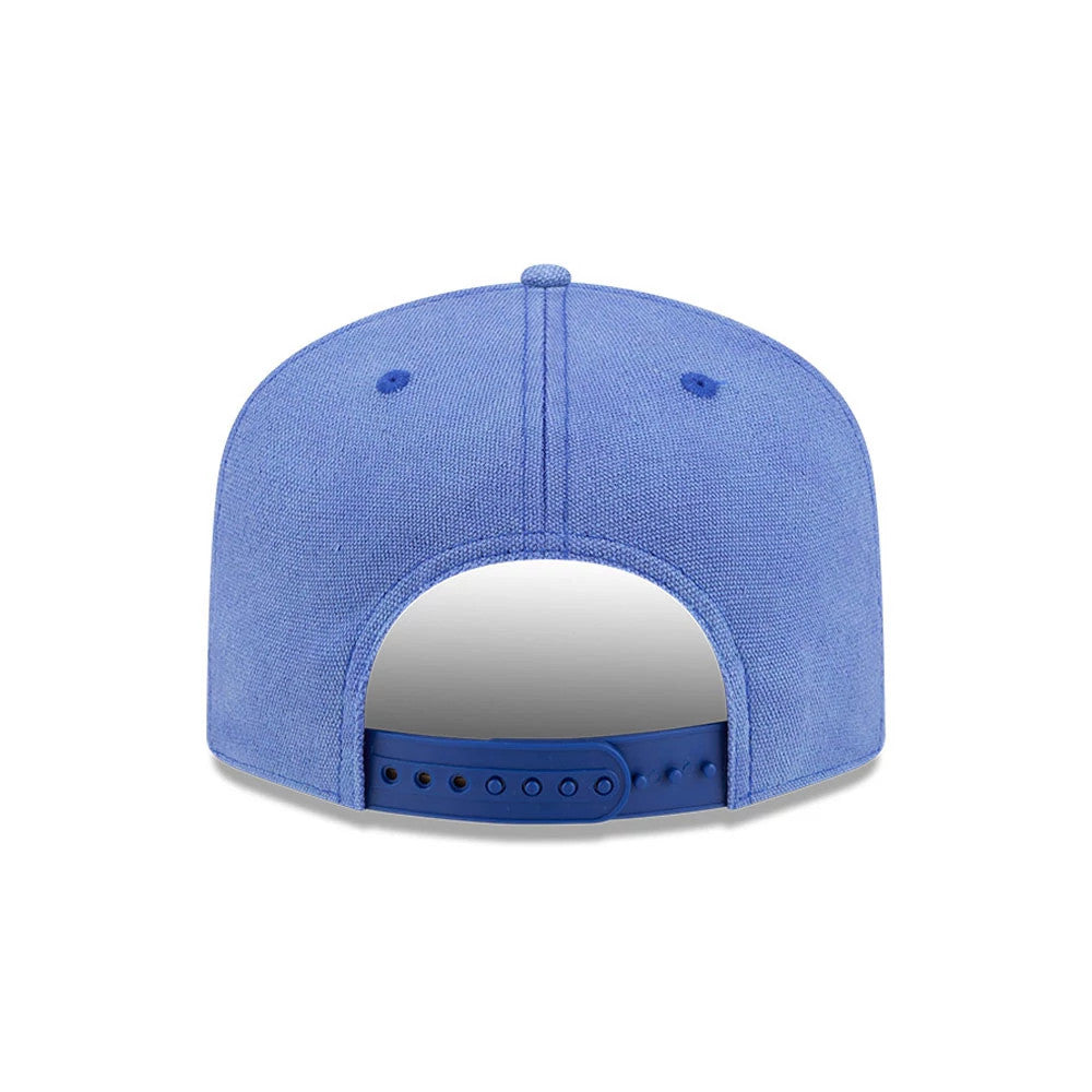 New York Mets MLB Duck Canvas Pastel Blue New Era 19TWENTY Adjustable Cap, rear view showing the plain blue canvas back panels, central seam with top button, and a matching blue adjustable strap with snap closure.